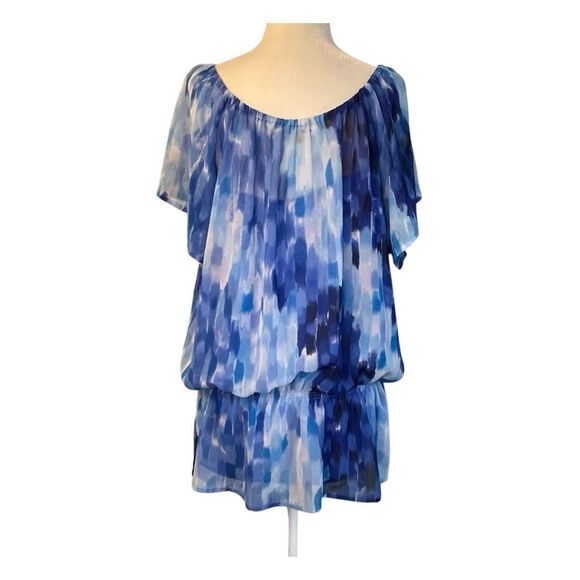 Calvin Klein Watercolor Peplum Blouse Blue White Chiffon Short Sleeve Lined XL - Picture 4 of 6